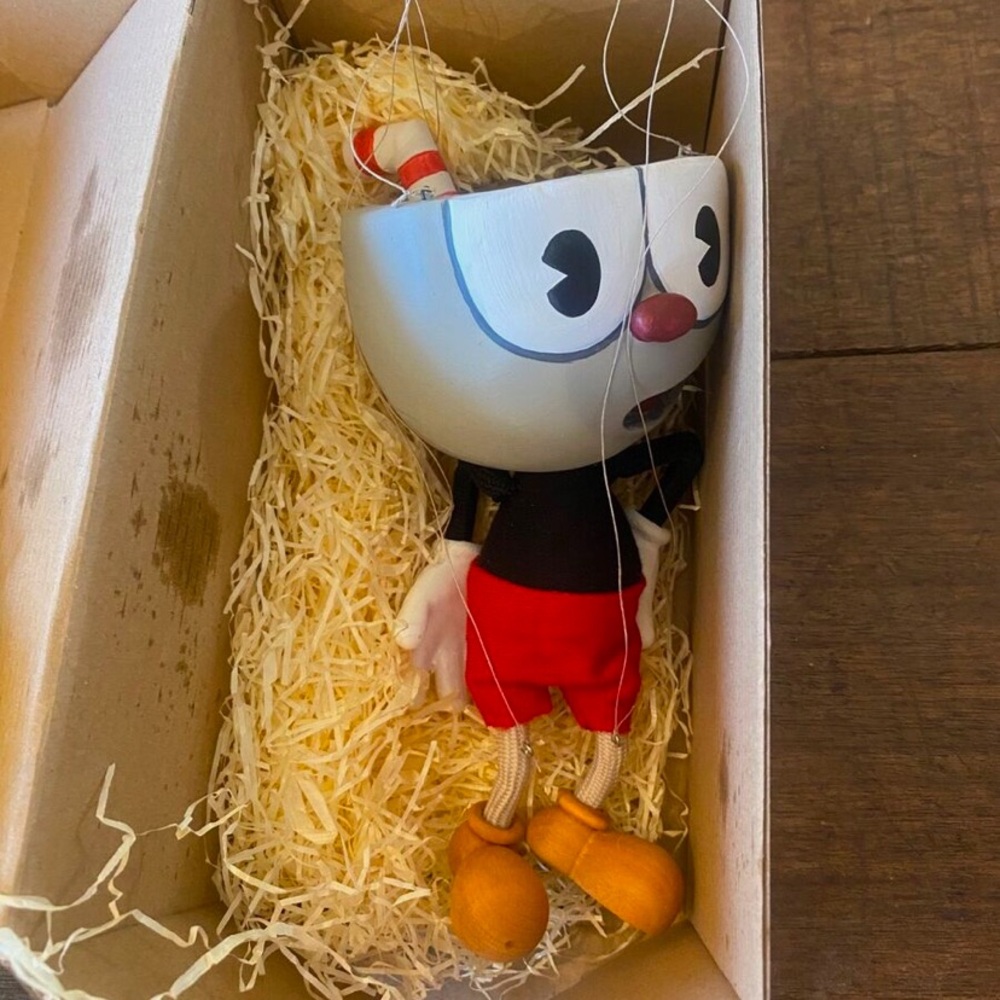 An ~8" Tall Handcrafted Cuphead Marionette
